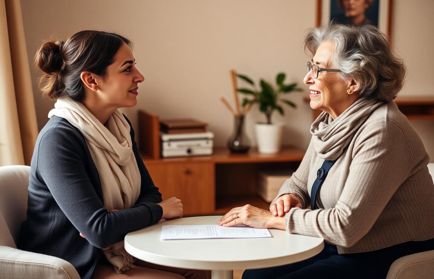 A volunteer counselor listening to an older woman across a small table