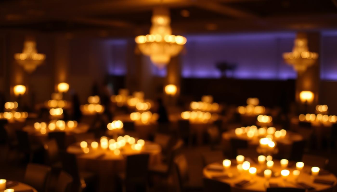 Candlelit ballroom set for a community fundraising evening