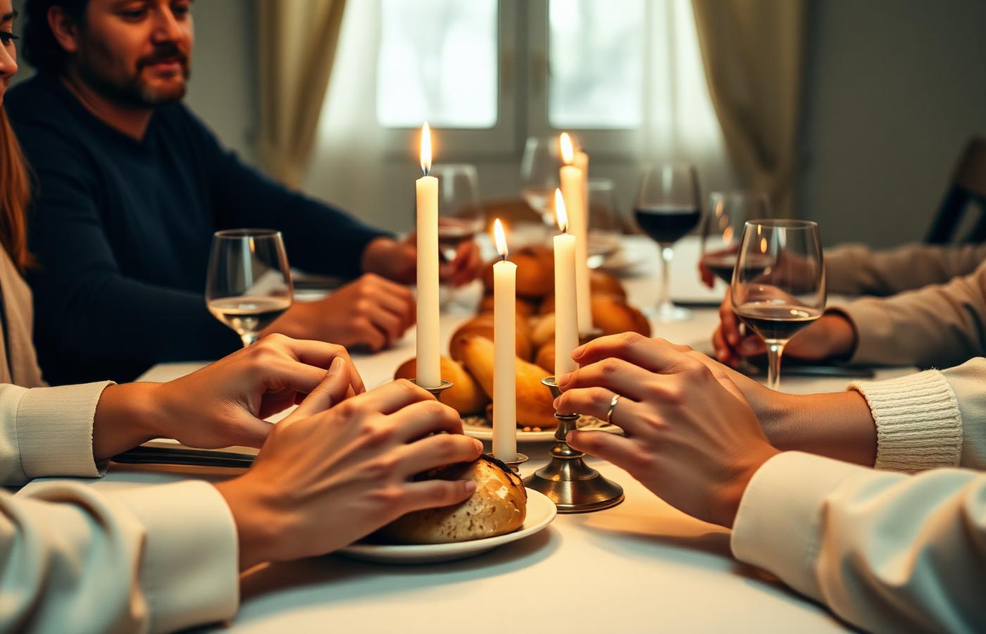 A family gathered around a candlelit dinner table at home