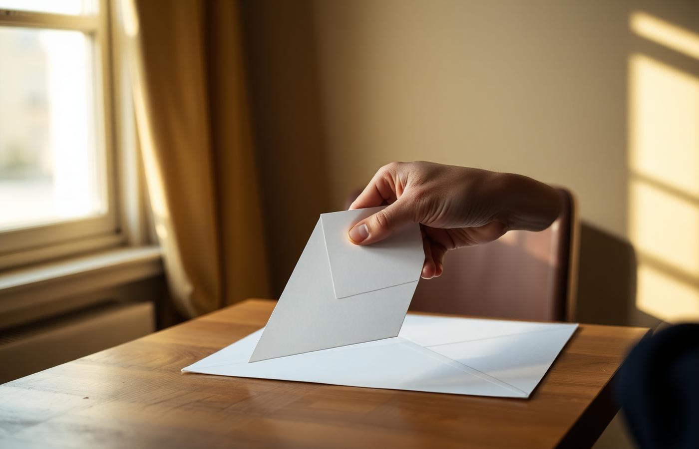 A hand passing an envelope across a wooden table in warm light