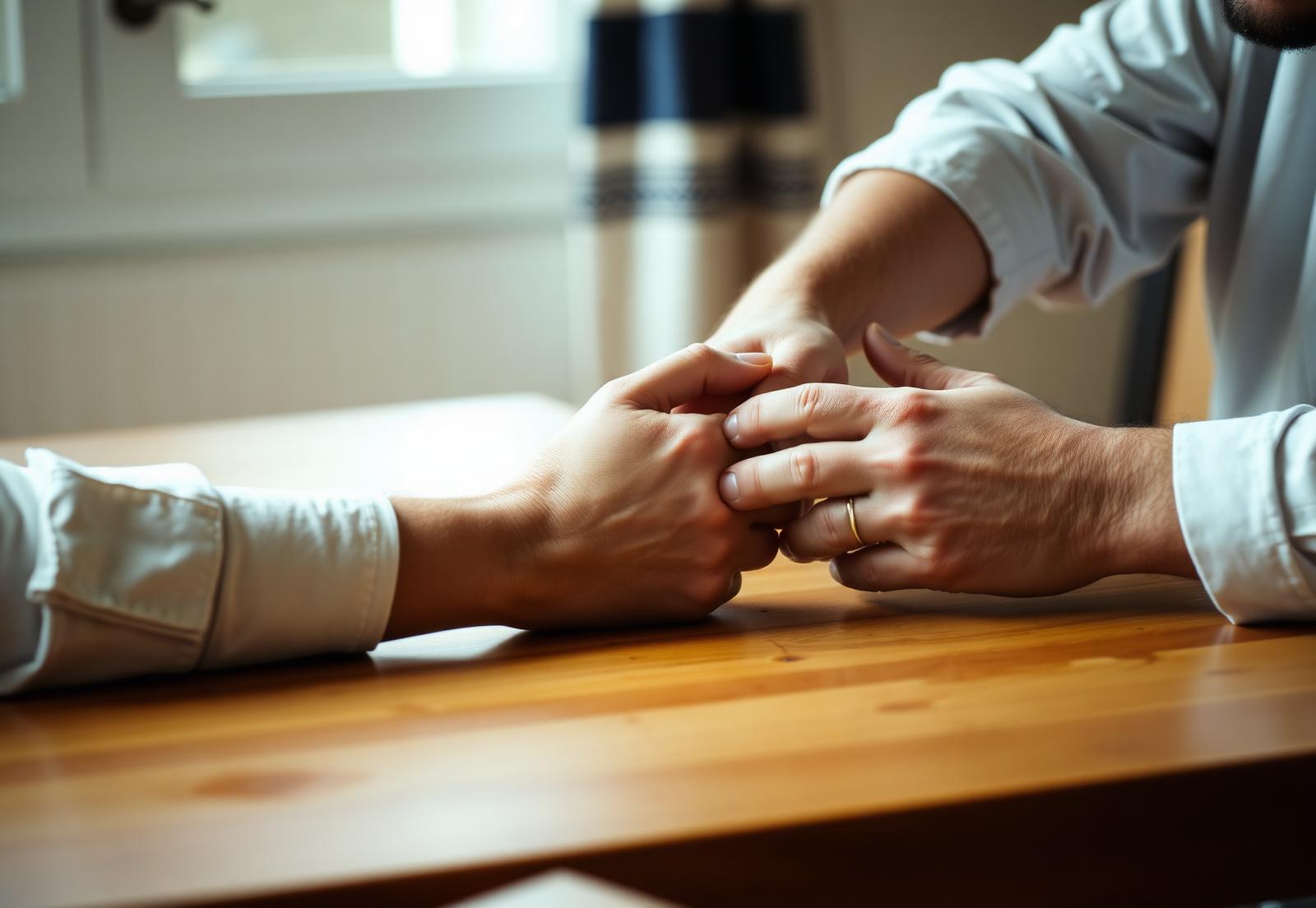 Two people holding hands across a table in a moment of support