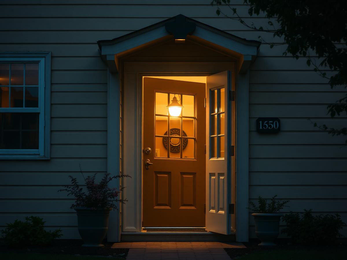 A warmly lit doorway of a family home at dusk