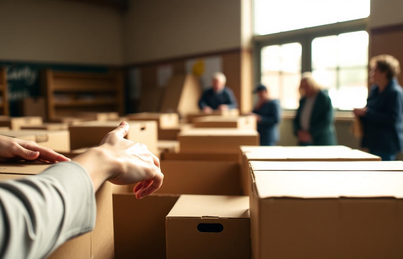 Volunteers packing boxes of groceries in a community center